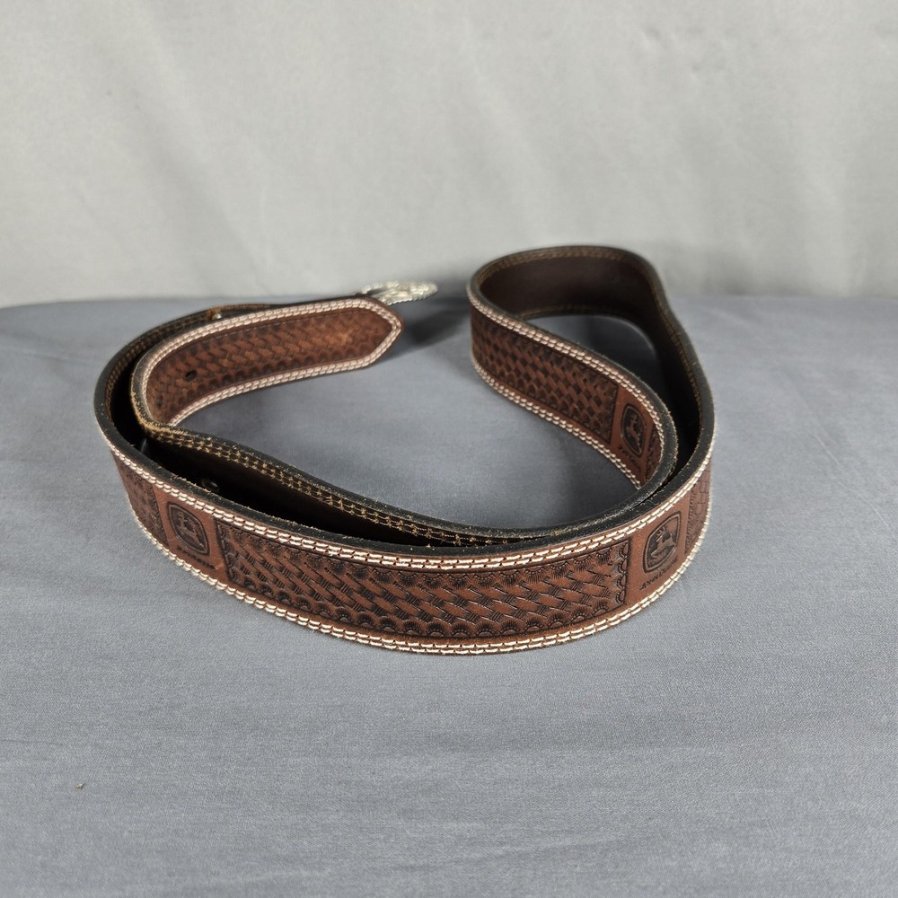 Vintage John Deere Mens 44 Belt Brown Leather Basketweave Tooled Western 90s - Picture 7 of 12